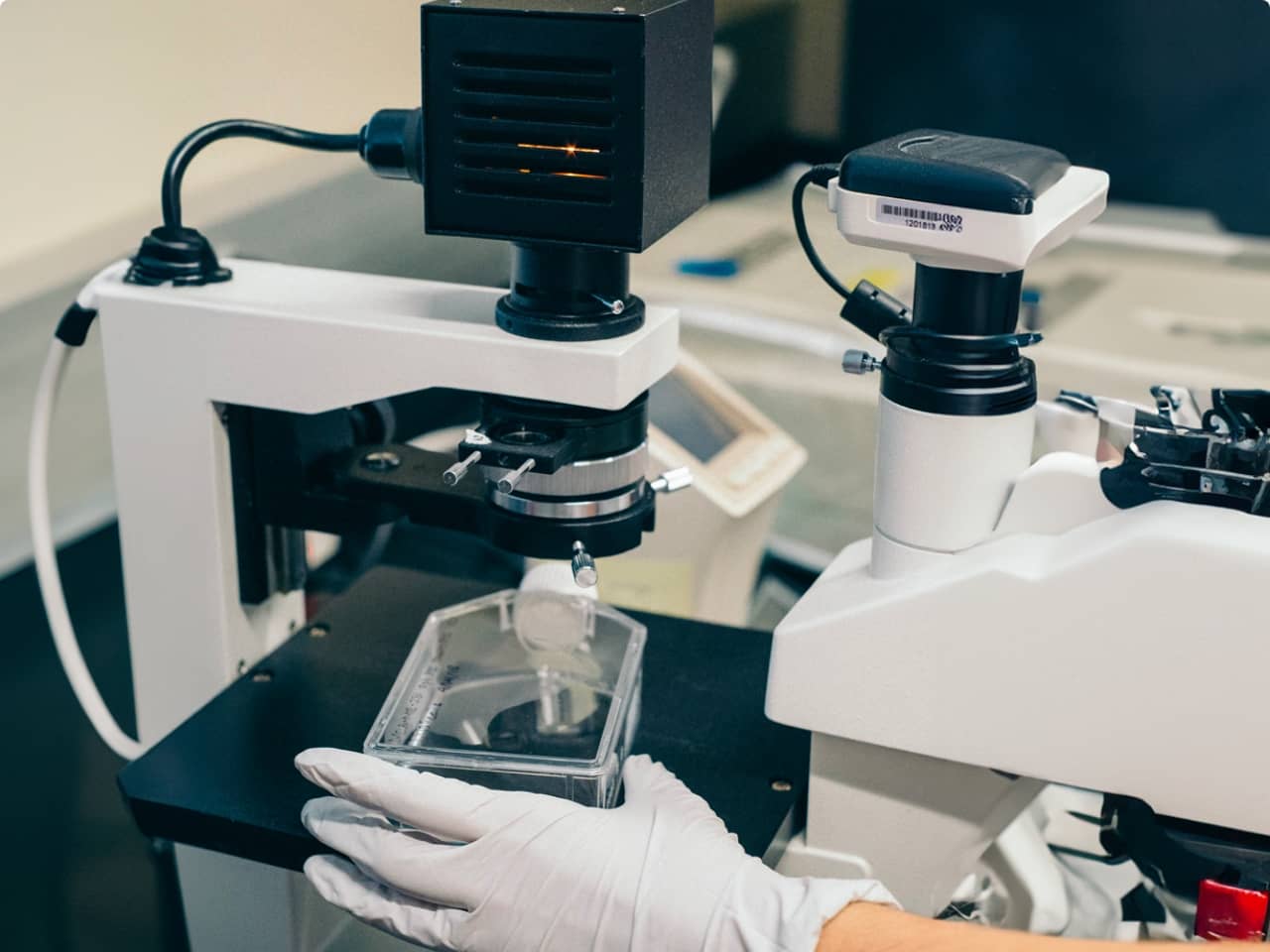 close-up of a microscope in a lab